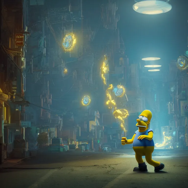 Image similar to a cinematic shot of homer simpson, octane render, volumetric lighting, nvidia raytracing demo, by Andy Thomas, Mario Martinez, Daniel Mirante, Gustave Dore, Artstation, CGsociety, masterpiece