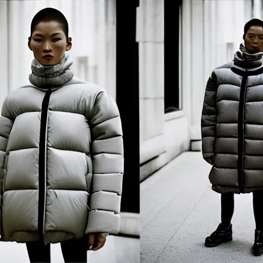 Image similar to realistic photoshooting for a new balenciaga lookbook, color film photography, portrait of a blonde asian woman, model wearing a puffer jacket, photo in style of tyler mitchell, 3 5 mm,