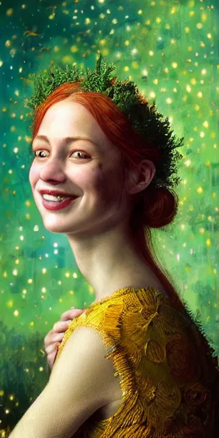 Image similar to a totally enraptured smiling young woman surrounded by golden firefly lights in a mesmerizing scene, sitting amidst nature fully covered, intricate detailed dress, long loose red hair, precise linework, accurate green eyes, small nose with freckles, smooth oval head, expressive emotions, hyper realistic ultrafine portrait by artemisia gentileschi, jessica rossier, artgerm