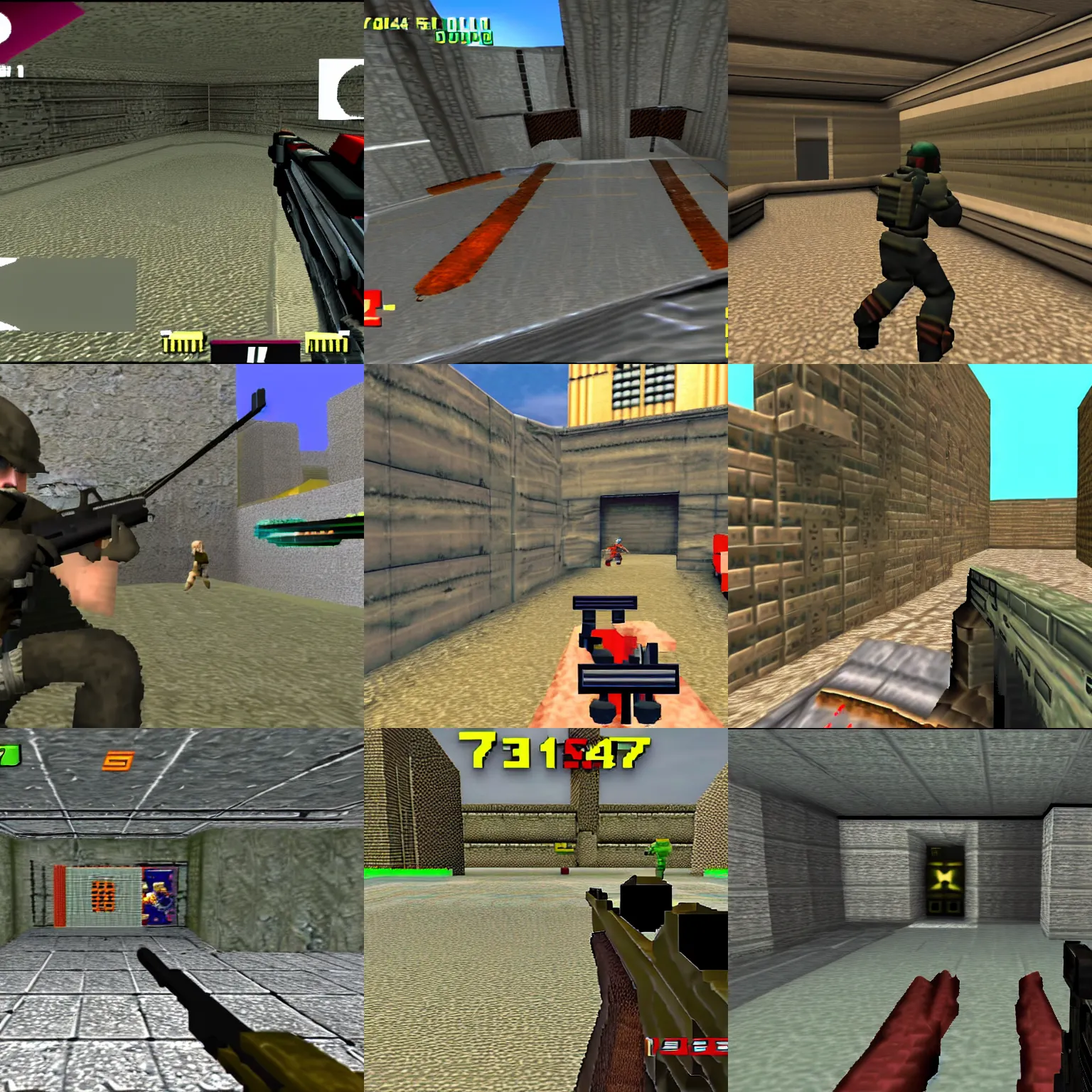 Prompt: nintendo 6 4 gameplay screenshot of a third person shooter