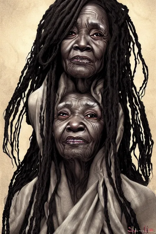 Prompt: very old wrinkled black woman crone with long scraggly hair wearing rags, character portrait, concept art, intricate details, highly detailed photorealistic portrait in the style of adam hughes, seseon yoon, artgerm and warren louw