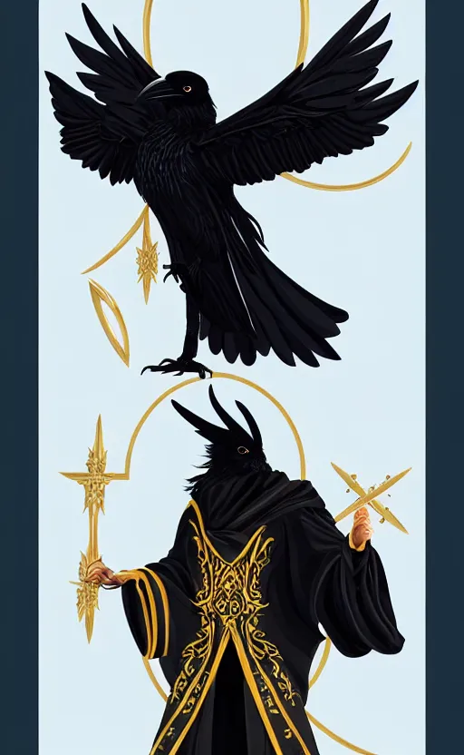 Image similar to raven headed male warlock doing wind magic, white and gold robes, exquisite details, full body character design on a white background, by studio muti