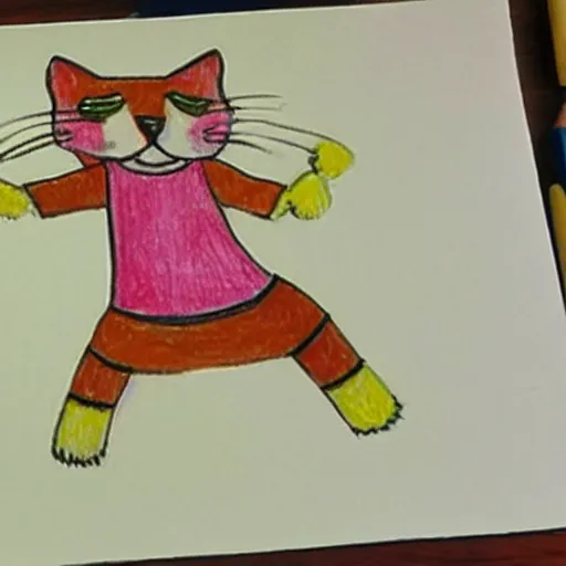 Prompt: a crayon child drawing of a cat dancing