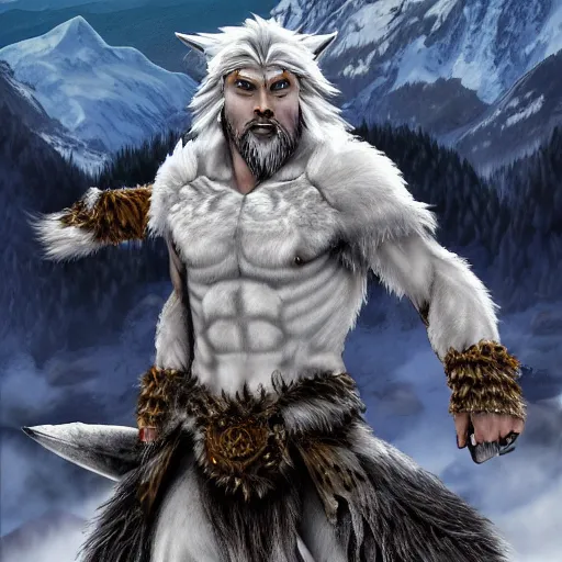 Prompt: A White Wolf barbarian on top a snowy mountains, highly detailed award winning character illustration trending on artstation, 4k