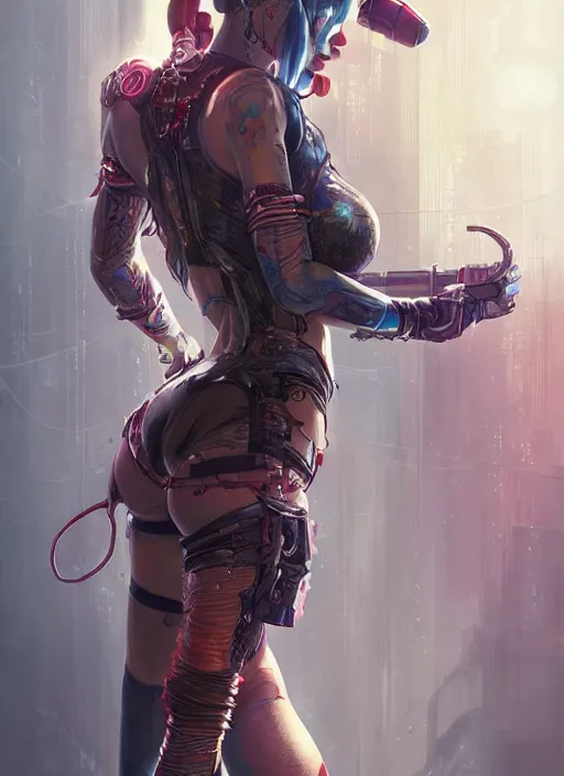 Image similar to a beautiful illustration of cyberpunk harley quinn with pointy ears, intricate, sharp focus, illustration, highly detailed, digital painting, concept art, matte, art by wlop and artgerm and greg rutkowski and alphonse mucha, masterpiece