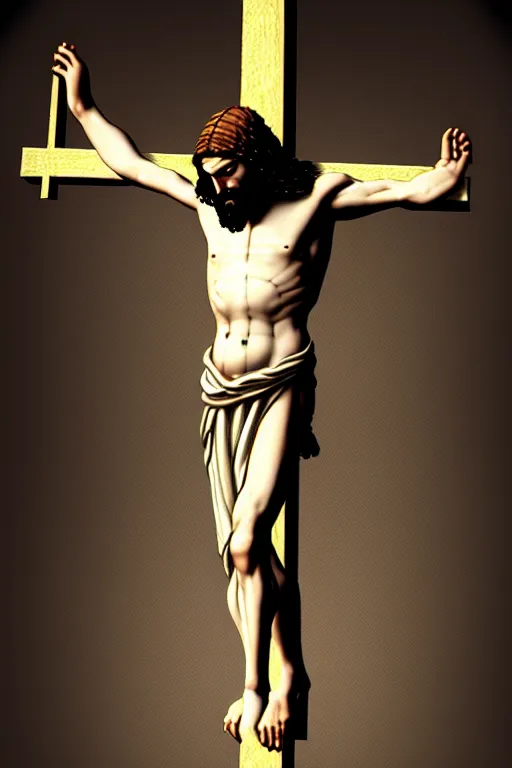 Image similar to full body shot, jesus on cross, painting by caravaggio, mikelangelo, donatello, masterpiece, highly detailed, artstation, concept art, dark background, octane render