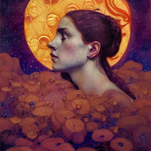 Prompt: queen of the moon with stars in her hair, by annie swynnerton and tino rodriguez and nicholas roerich and lucien freud and jean delville and charlie bowater, dramatic lighting, floral tattoos, rich colors, smooth sharp focus, extremely detailed, adolf wolfli