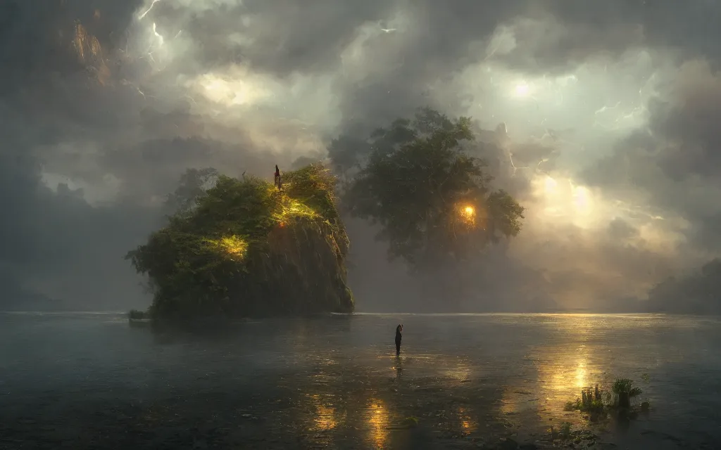 Image similar to ta ha, volumetric lighting, highly detailed, by greg rutkowski, complementing colors, god looking at me, heavy rainy, lofty heavens, water reflection, flowers, hyper realistic, concept art, 8 k detail post - processing, arcane style