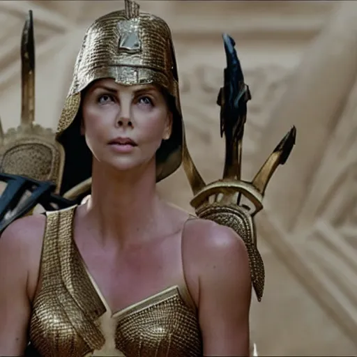 Image similar to charlize theron as the greek goddess athena, in battle, scene from live action movie