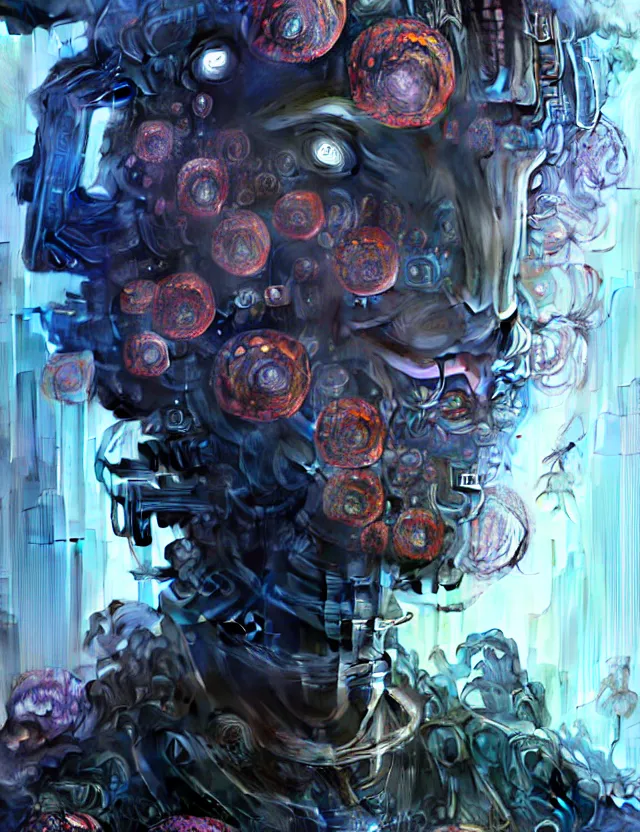 Image similar to asura from chinese myth, ghost, gorgeous and huge head ornaments, dystopian, cyberpunk, organic fractal mycelum and fungi, mecha, halfturn portrait of a big crystal face made of crystals half - turn, ominous, intricate, studio, art by anthony macbain + greg rutkowski + alphonse mucha, concept art, 4 k, sharp focus