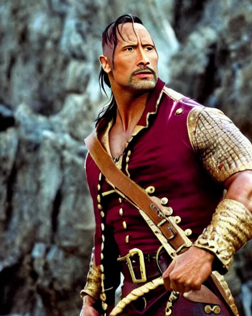 Image similar to Film still close-up shot of Dwayne Johnson as the Captain Hook from the movie Hook. Photographic, photography