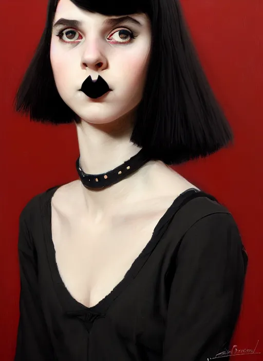 Prompt: portrait of a stout awkward teen girl with a crooked nose and a confident expression, 1 9 6 0 s, black clothes, goth, punk, brightly coloured hair, funk, intricate, elegant, highly detailed, digital painting, artstation, concept art, smooth, sharp focus, illustration, art by wlop, mars ravelo and greg rutkowski