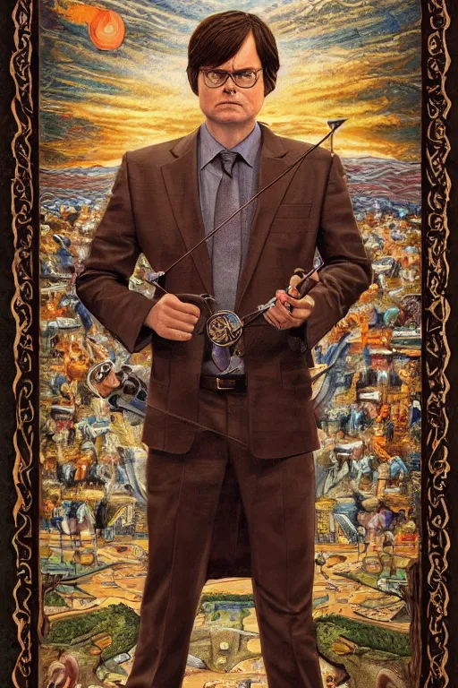 Image similar to beautiful tarot card of Dwight Schrute, oil on canvas, intricate, symmetrical, portrait, 8k highly professionally detailed, HDR, CGsociety