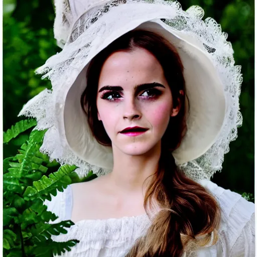 Image similar to big eyes full body fashion model emma watson smokey eyes makeup eye shadow textured film grain fantasy, glow, shimmer as victorian woman in a long white frilly lace dress and a large white hat having tea in a sunroom filled with flowers, roses and lush fern flowers ,intricate, night, highly detailed, dramatic lighting , high quality