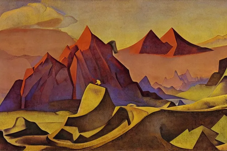 Image similar to A desertic mountain battlefield by Nicholas Roerich, by Georgia o Keeffe, by Gustave Moreau