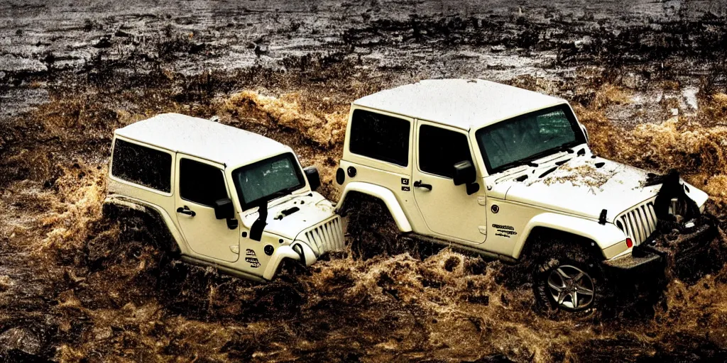 Prompt: noisy color photograph of a 1997 hardtop white Jeep Wrangler drowning in quicksand, dirty swamp, gritty, Venom liquid, cinematic, soft vintage glow