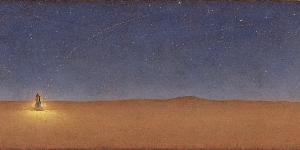 Image similar to A burning cross in the middle of the desert drawn by Caspar David Friedrich, dune, highly detailed, night, stars