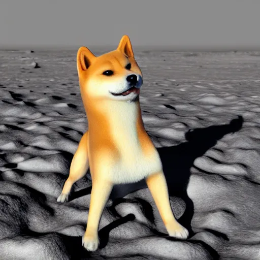 Image similar to a shiba inu dog on the surface of the moon, 3 d render, dramatic, photorealistic