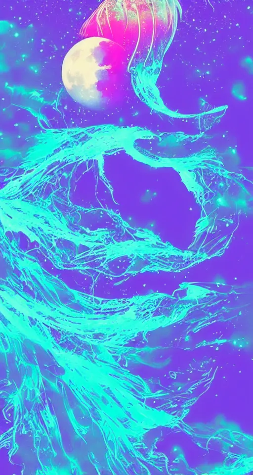 Image similar to the moon turning into a majestic jellyfish made out of the cosmos, drifting through a vaporwave ocean, vaporwave style, iphone wallpaper, digital art