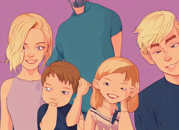 Image similar to a family. a mother, a father, and two children, all with blonde hair. clean cel shaded vector art. shutterstock. behance hd by lois van baarle, artgerm, helen huang, by makoto shinkai and ilya kuvshinov, rossdraws, illustration, art by ilya kuvshinov