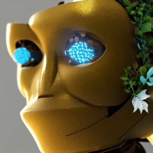 Prompt: overgrown foliage taking over an abandoned humanoid robot body, close - up, 3 5 mm, biopunk, bokeh, beautiful, lens flare, emotional, sweet, flowers, detailed, picture, trending on artstation, award - winning, shiny, golden