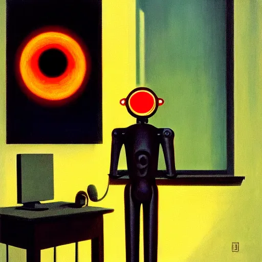 Image similar to a mesmerized robot with large glowing eyes staring at a computer screen, portrait, pj crook, grant wood, edward hopper, syd mead, chiaroscuro, oil on canvas