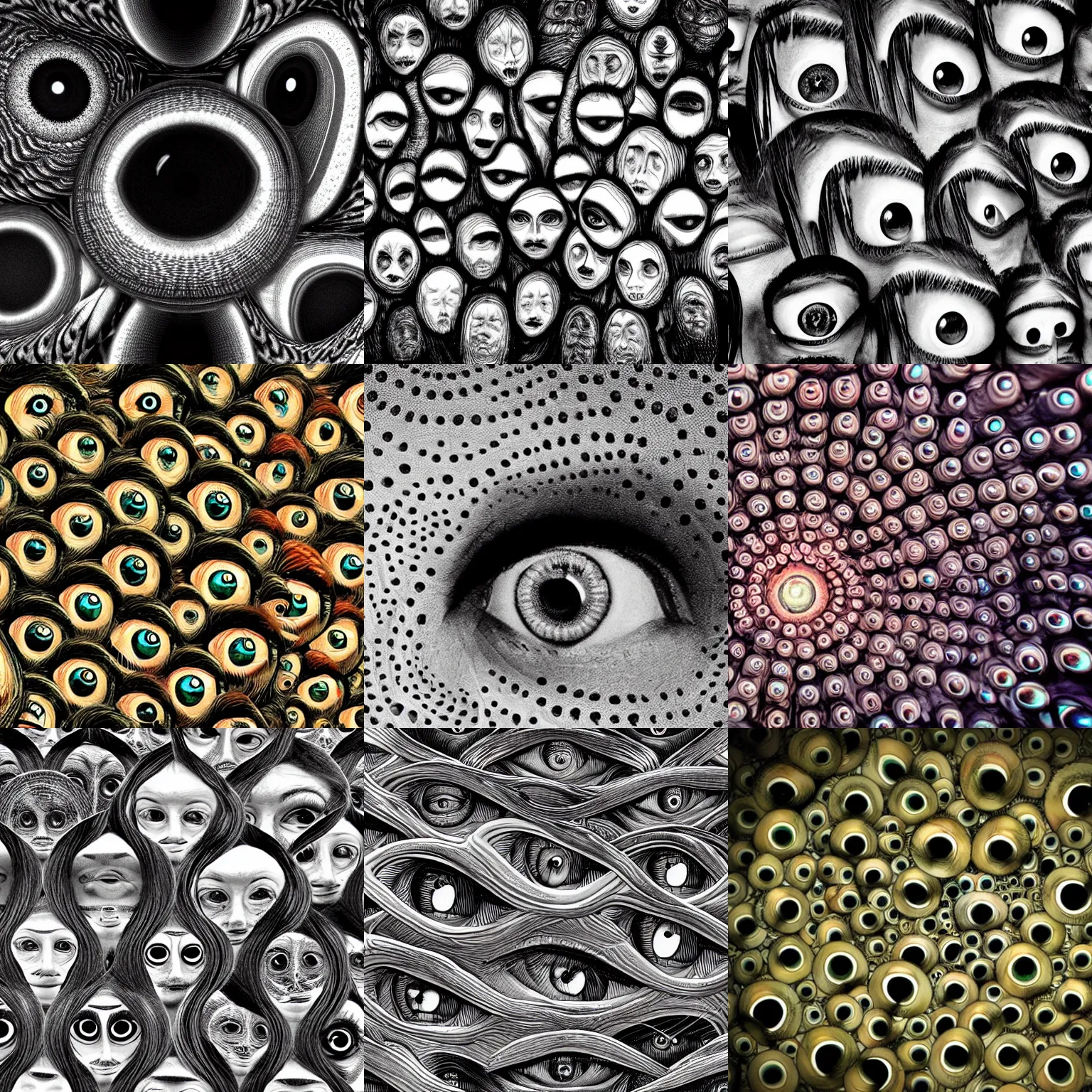 Prompt: detailed photograph of eyes so many eyes lots of eyes staring uncomfortable psycadalic surreal bending waves of eyes and painful dark horrid