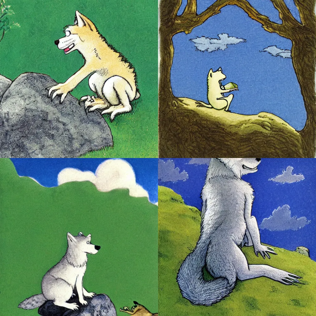 Prompt: a wolf pup sitting on a rock beside a small green lizard staring wistfully up at the clouds on a beautiful day, children's book illustration by Maurice Sendak