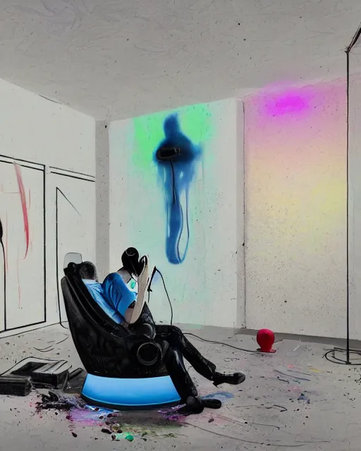 Image similar to a man reclines in a gaming computer chair with headphones on a controller inhand in a domestic interior filled with screens by james jean and luc tuymans and beeple and hernan bas and pat steir and hilma af klint, psychological, 3 d, dripping paint, high quality render, masterpiece