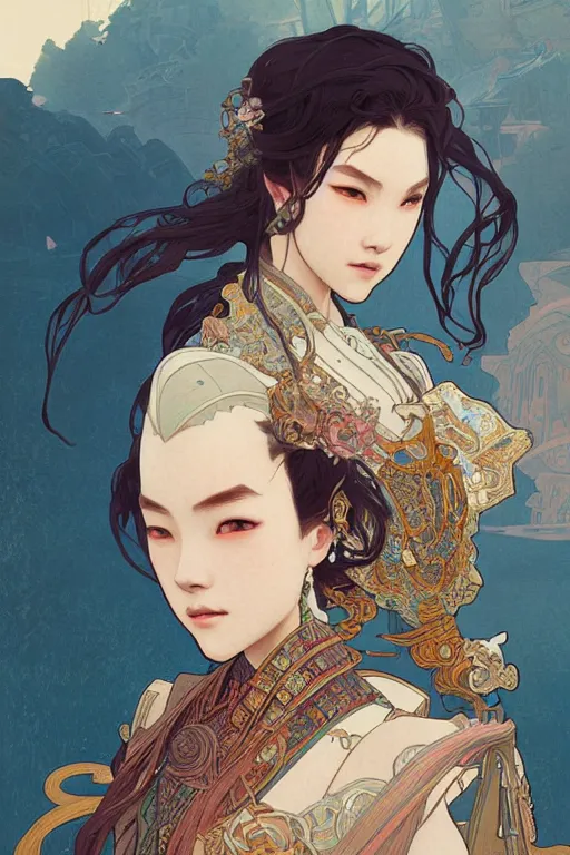 Image similar to portrait genshin characters, in ruined Atlantis Sunrise, ssci-fi and fantasy, intricate and very beautiful and elegant, highly detailed, digital painting, artstation, concept art, smooth and sharp focus, illustration, art by tian zi and WLOP and alphonse mucha