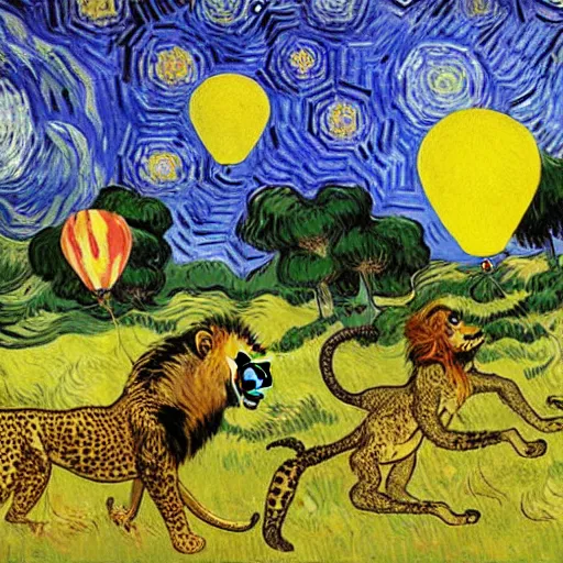 Prompt: cheetah and a lion run through the forest and see a mountain of balloons , concept art, huge scale, high detail, sci fi by van gogh