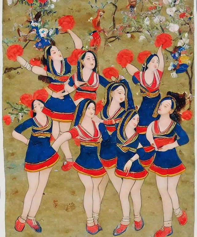 Prompt: a persian miniature painting, cute cheerleaders dancing, shorts, ultra sharp, extra details, ultra high quality, trending on pinteresst