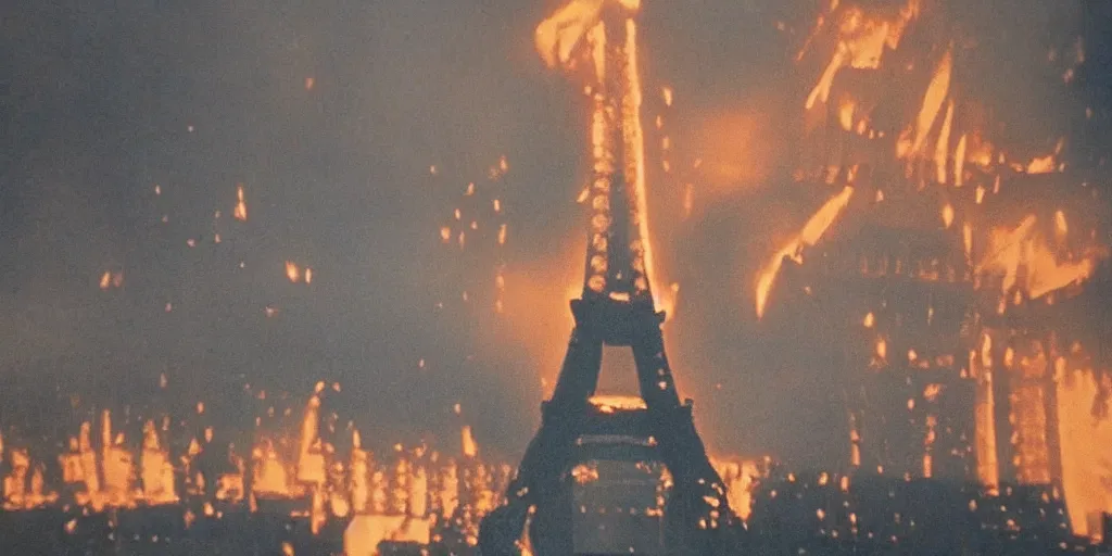 Image similar to Eiffel Tower on fire and being destroyed by flames, falling, despair, people running, military helicopters flying overhead, polaroid, 60s, hyperrealism, no blur, 4k resolution, ultra detailed