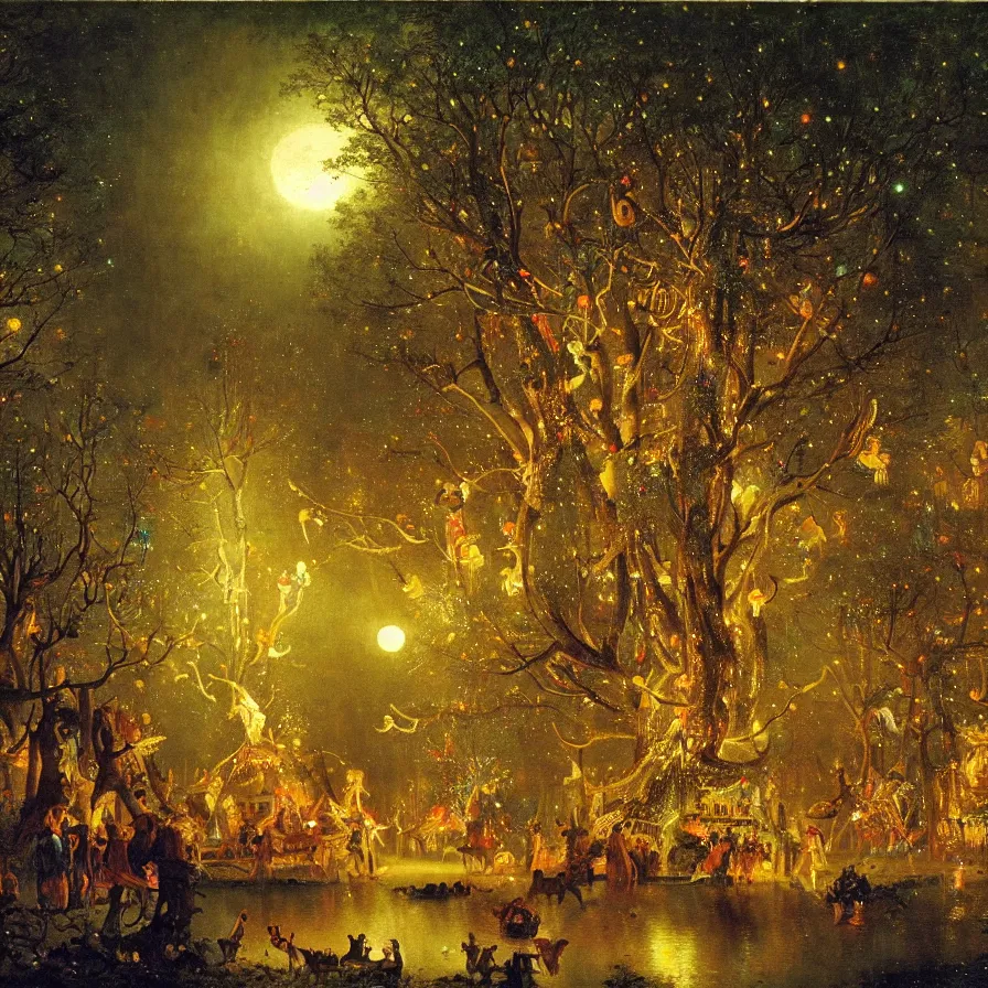 Image similar to a night carnival around a magical tree cavity, with a surreal orange moonlight and fireworks in the background, next to a lake with iridiscent water, christmas lights, folklore animals and people disguised as fantastic creatures in a magical forest by summer night, masterpiece painted by carl spitzweg, dark night environment