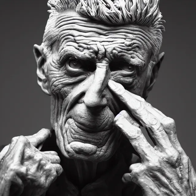 Prompt: photography of a sculpture of Samuel Beckett by Ralph Steadman and Michelangelo, made of clay, 50mm, studio atmosphere, 8K, rim light, octane render, ultra-realistic