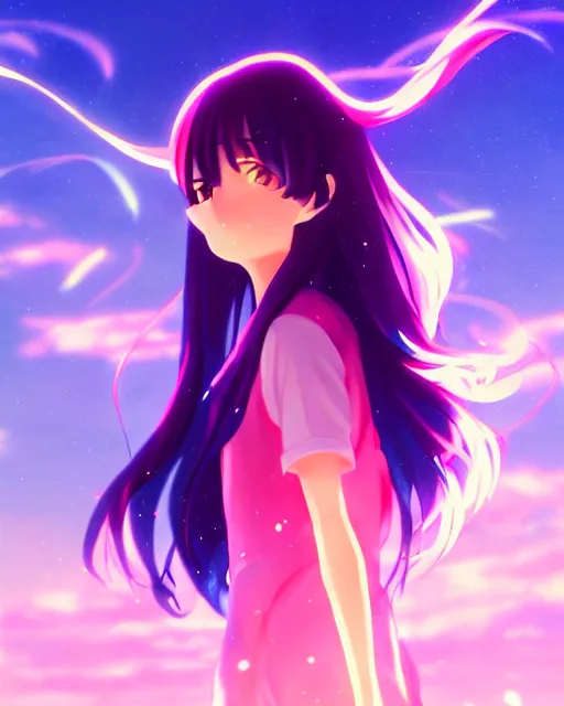 Image similar to anime style, vivid, expressive, full body, 4 k, painting, a cute magical girl with a long wavy black hair, stunning, realistic light and shadow effects, centered, simple background, studio ghibly makoto shinkai yuji yamaguchi