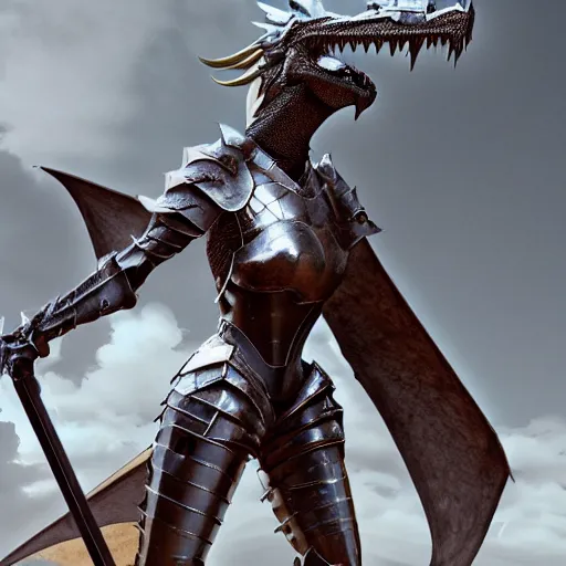 Prompt: stunning shot of a beautiful female knight, but as a hot anthropomorphic dragon, posing with her hands on her hips, looking to the side, well designed female dragon head, armor made of steel, sharp claws, HD octane render, epic cinematography, fantasy, Artstation, Deviantart, Furaffinity