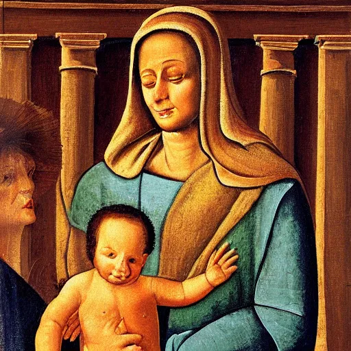 Prompt: painting benjamin netanyahu smiling while being held by his mother, tempera on wood, crevole madonna inspired, by duccio