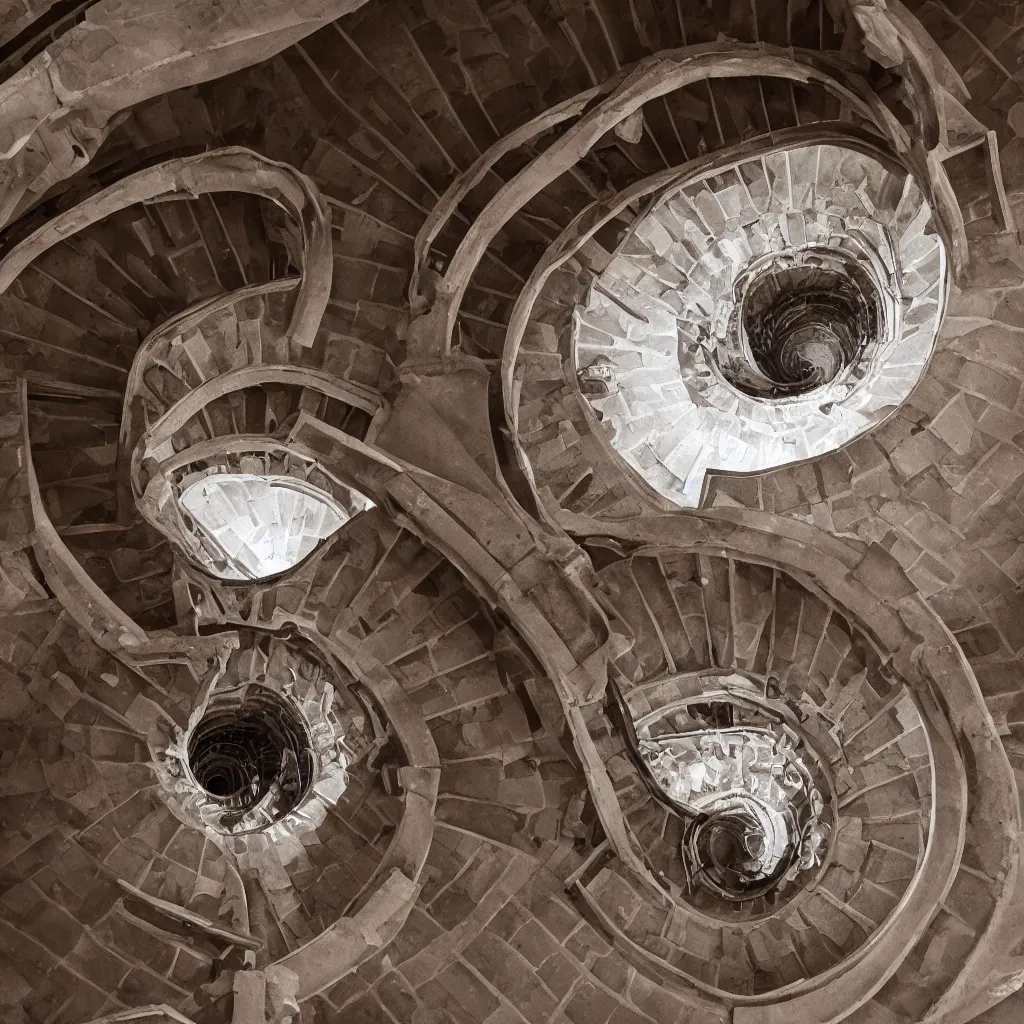 Image similar to spiral stairscase going down deep in a hole, by etienne - louis boullee, leica, high quality, high detailed