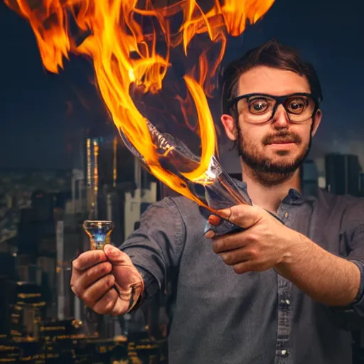 Prompt: man holding a flaming glass and steel metropolis in his hands