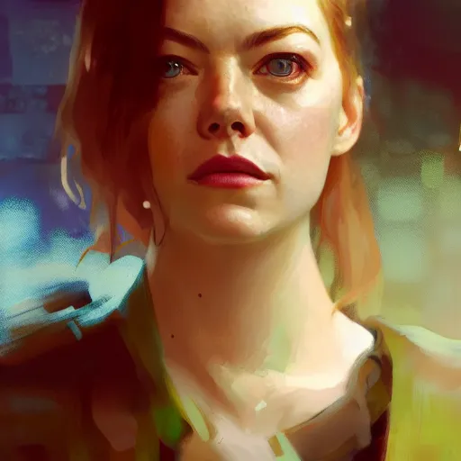 Image similar to emma stone, hyperrealistic portrait, bladerunner street the art of elysium by jeremy mann and alphonse mucha, fantasy art, photo realistic, dynamic lighting, artstation, poster, volumetric lighting, very detailed faces, 4 k, award winning