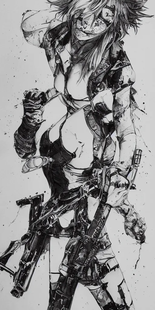 Image similar to a beautiful drawing of an attractive blindfolded woman wielding a chainsaw, highly detailed, by yoji shinkawa, featured on artstation, body shot
