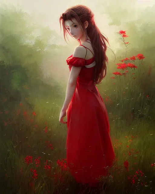 Prompt: aerith gainsborough in red cottagecore dress, portrait, illustration, rim light, top light, overcast cloudy weather, perfectly shaded, soft painting, art by krenz cushart and wenjun lin