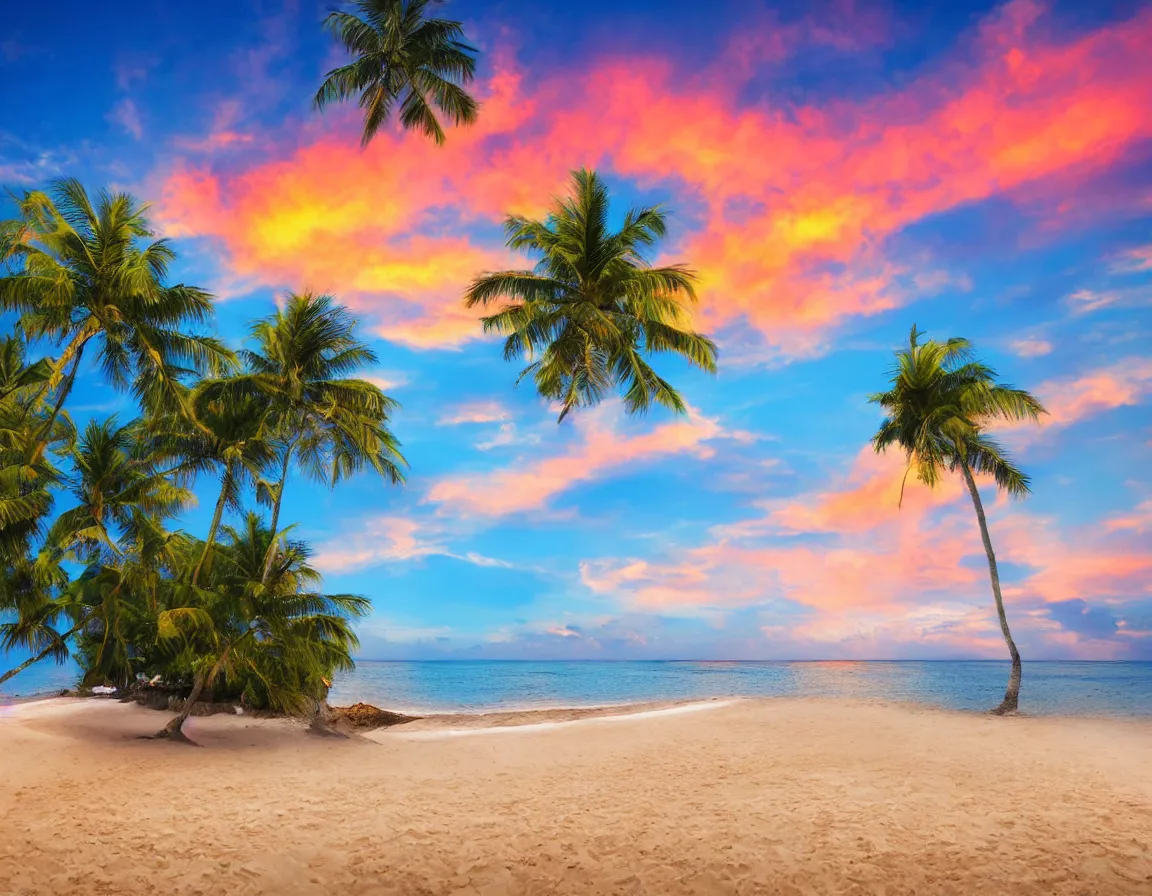 Image similar to photo of ultra realistic heart / shaped sandy beach island with one exotic palm tree, sunset lighting