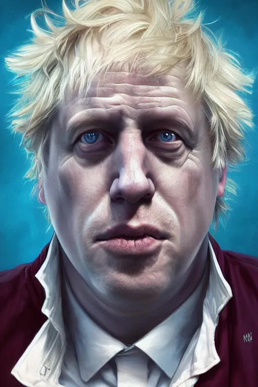 Image similar to Boris Johnson as Rick Sanchez, realistic portrait, symmetrical, highly detailed, digital painting, artstation, concept art, smooth, sharp focus, illustration, cinematic lighting, art by artgerm and greg rutkowski and alphonse mucha