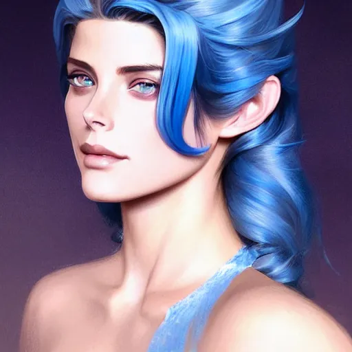 Prompt: Ashley Greene's face combined with Grace Kelly's face with blue hair wearing Final Fantasy Armor, western, D&D, fantasy, intricate, elegant, highly detailed, digital painting, artstation, concept art, matte, sharp focus, illustration, art by Artgerm and Greg Rutkowski and Alphonse Mucha