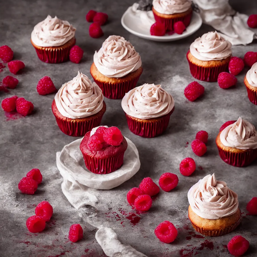 Prompt: raspberry cupcake, dynamic lighting, bokeh, carl zeiss 8 5 mm vintage lens, hyper realistic, award winning food photography