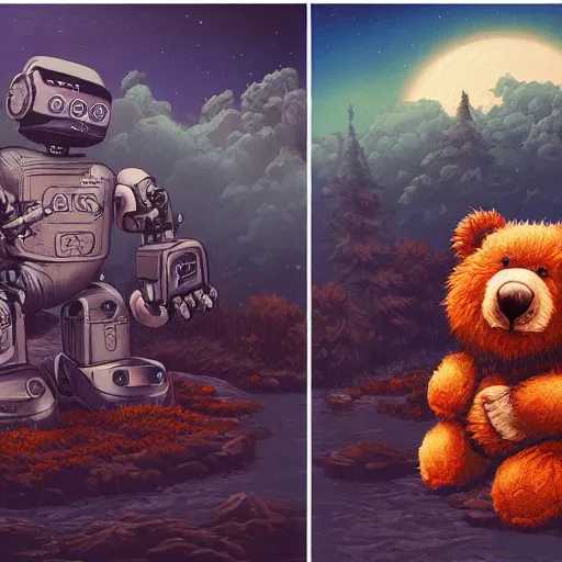 Image similar to a paint of dan mumford, of a robotic teddy bear painting a picture of a cute bear, in the background an apocalyptic panorama, artstation