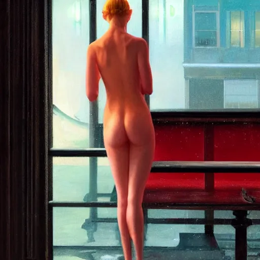 Prompt: Elle Fanning lost in the Bermuda Triangle in the world of Edward Hopper, stormy snowy weather, streetlights, extremely detailed masterpiece, oil on canvas, low-key neon lighting, artstation, Blade Runner 2049, Roger Deakin’s cinematography, by J. C. Leyendecker and Peter Paul Rubens,