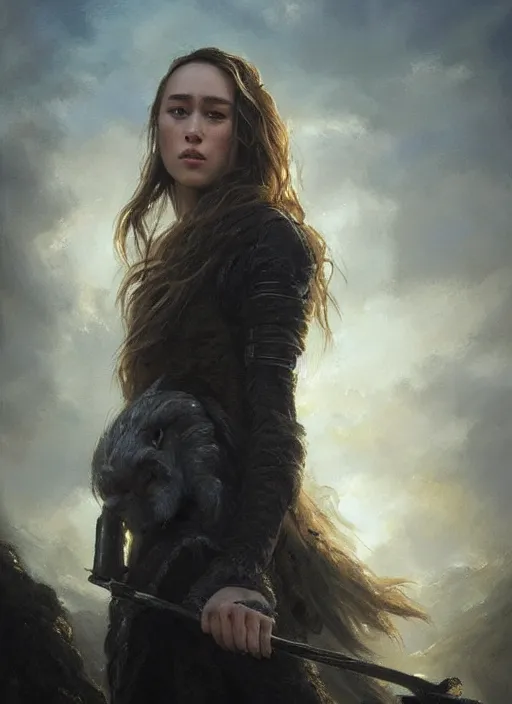 Image similar to alycia debnam - carey, beautiful highly detailed face, complementary lighting, backlit, black eyeshadow, grinning, adventure, dramatic lighting, landscape background, beautiful painting by artgerm and greg rutkowski and raymond swanland